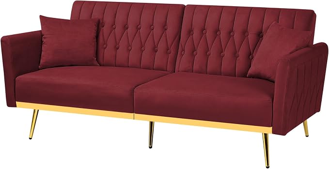 70” Velvet Futon Sofa Bed with 2 Pillows and Adjustable Armrests, Convertible - Image 8