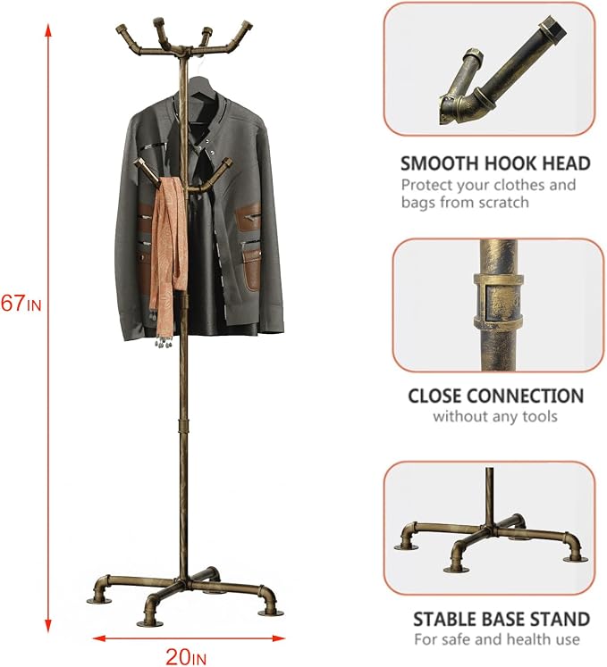 Industrial Coat Rack, Metal Pipe Coat Rack Stand Freestanding - Image 6