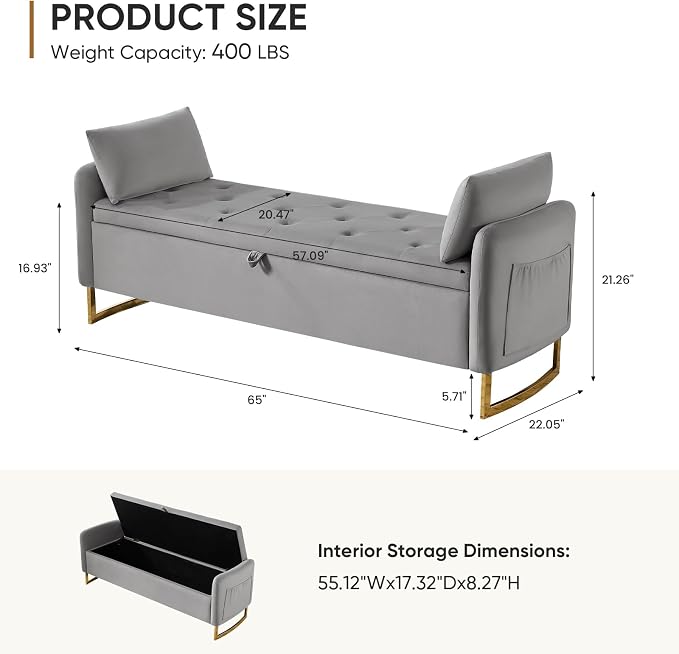 65" End of Bed Storage Bench, Storage Bench - Image 2