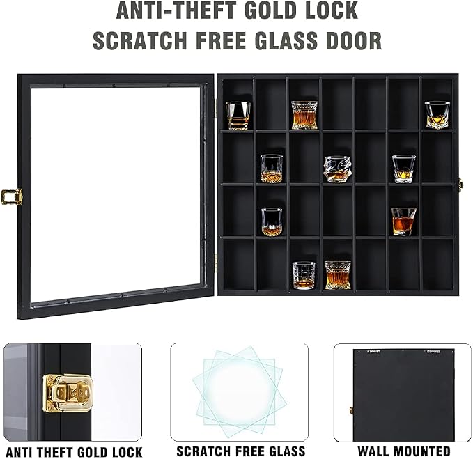 Shot Glass Display Case Wooden Cabinet Rack Holder Wall Mounted Black Shadow - Image 3