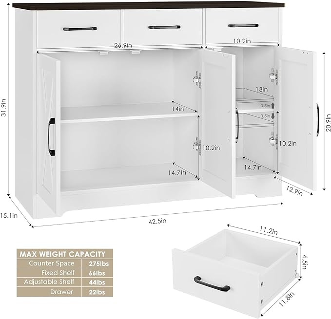 HOSTACK Modern Farmhouse Buffet Sideboard Cabinet, Barn Doors Storage Cabinet - Image 3