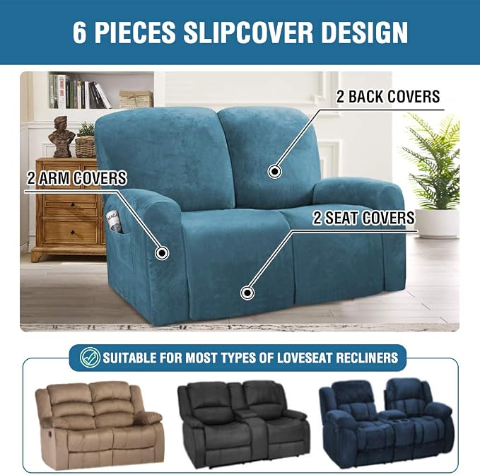 H.VERSAILTEX Velvet Stretch Recliner Couch Covers 6-Pieces Recliner Loveseat - Image 2