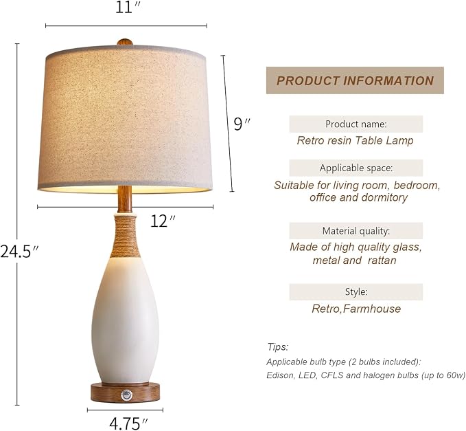 OYEARS 24.5” 3-Way Dimmable Touch Control Bedside Table Lamp Set of 2 - Image 5