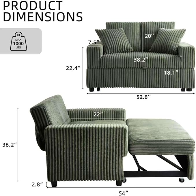 3 in 1 Convertible Sofa Bed，52.8" Pull Out Couch - Image 2