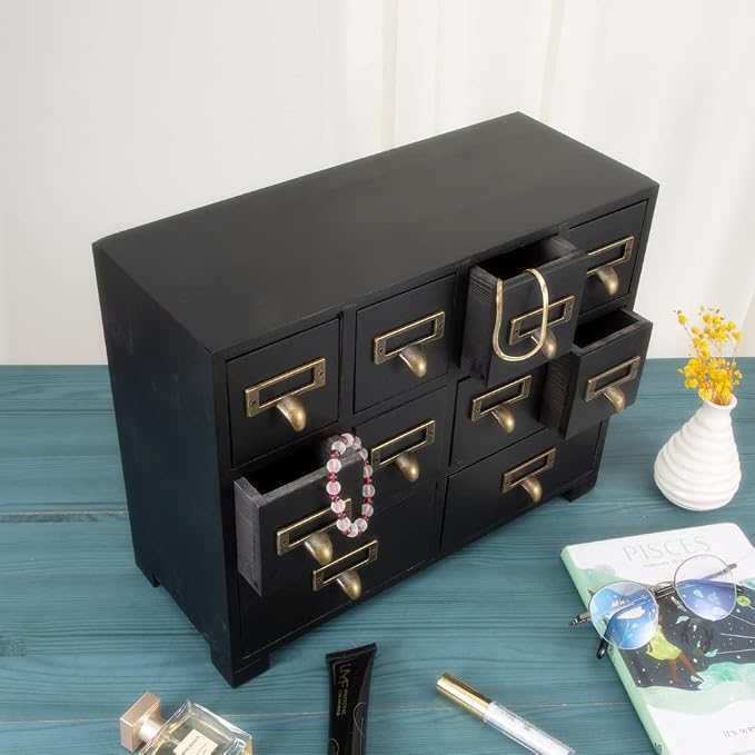 Apothecary Cabinet with 10 Drawers & Labels Rustic Library Card Catalog Cabinet - Image 2