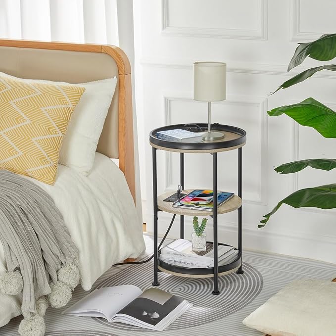 Dulcii Round Side Table with Charging Station, End Table with 3 Shelves - Image 6