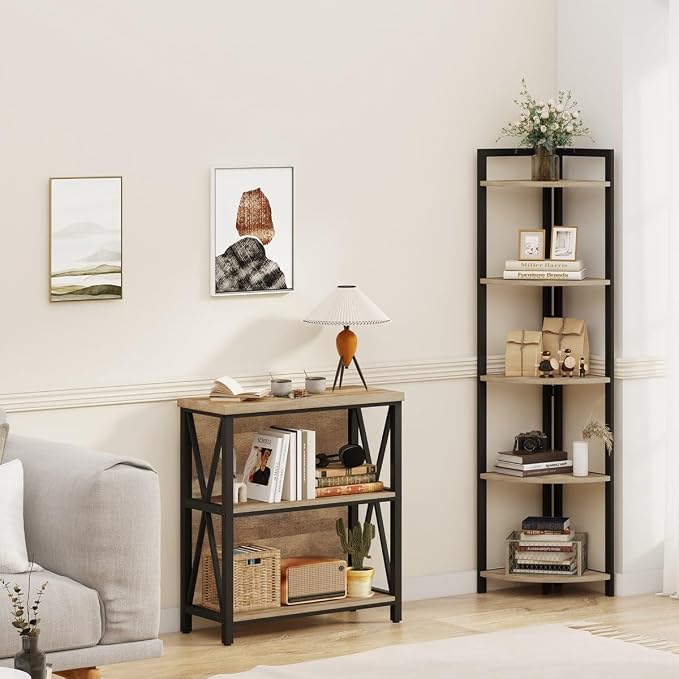 FATORRI Small Bookcase, Wood and Metal Low Short Bookshelf, Industrial Book - Image 8