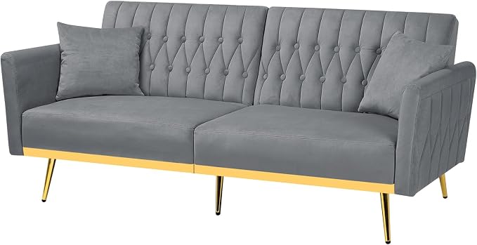 70” Velvet Futon Sofa Bed with 2 Pillows and Adjustable Armrests, Convertible - Image 8