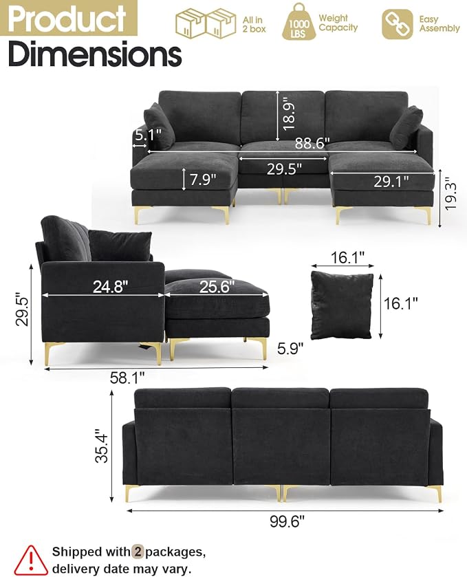 Karl home 99.6" Sectional Sofa, U-Shaped Chenille Upholstered Couch - Image 2