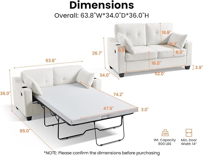 Full Size Pull Out Sleeper Sofa Bed, 2-in-1 Convertible Chenille Pull Out Couch - Image 3