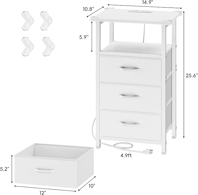 Vagusicc Nightstand with Charging Station, End Table Side Table with 3 Fabric - Image 3