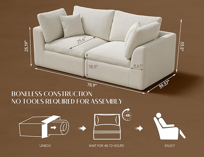 ohllob 78.9" Loveseat Sofa, Cloud Boneless Couches - Image 2