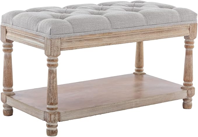 Farmhouse Storage Bench Wooden Entryway Linen Upholstered Ottoman Button Tufted - Image 7