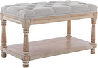 Farmhouse Storage Bench Wooden Entryway Linen Upholstered Ottoman Button Tufted - Image 7