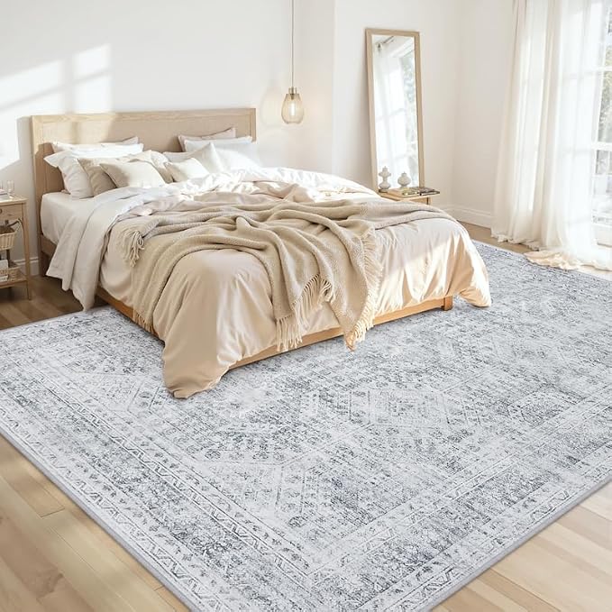 8x10 Area Rugs Living Room: Bedroom Neutral Washable Carpet Gray | Vintage Boho - Image 2