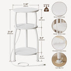 Round Side Table with Power Outlet & USB Ports, 3-Tier End Table with Storage - Image 3