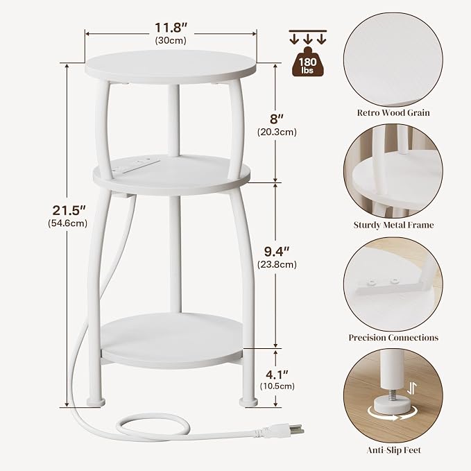 Round Side Table with Power Outlet & USB Ports, 3-Tier End Table with Storage - Image 3