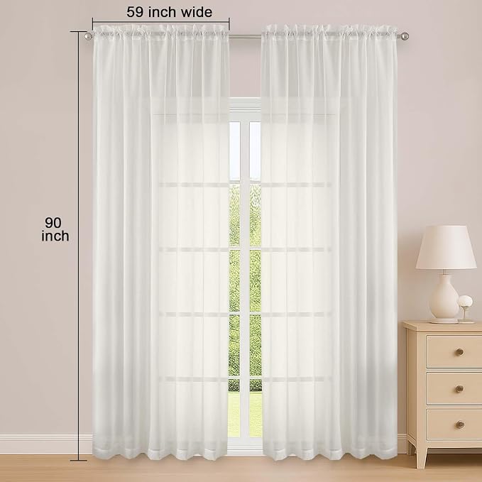 Ivory Sheer Curtain 90 Inches Long 2 Panels Set, Solid Filmy Drapes - Image 3