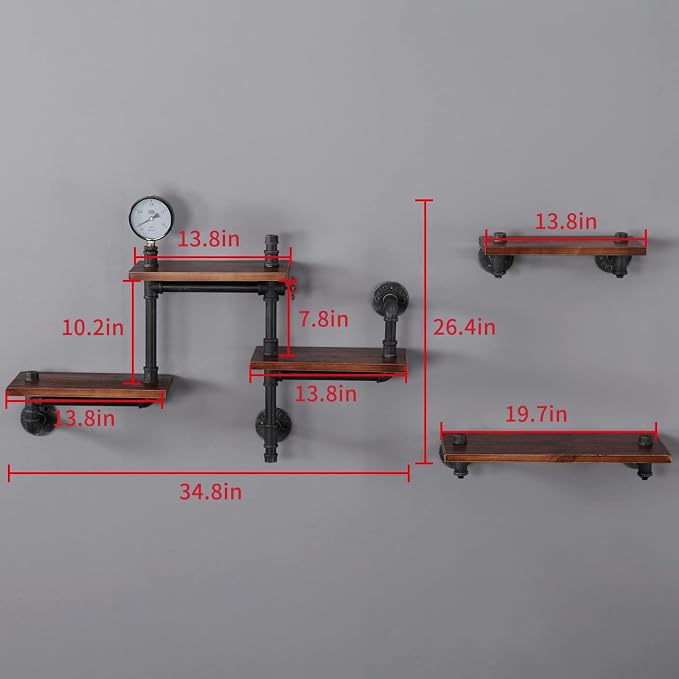 Industrial Floating Pipe Wall Shelves Rustic Wood Shelving, 5 Layer Pipe Design - Image 3