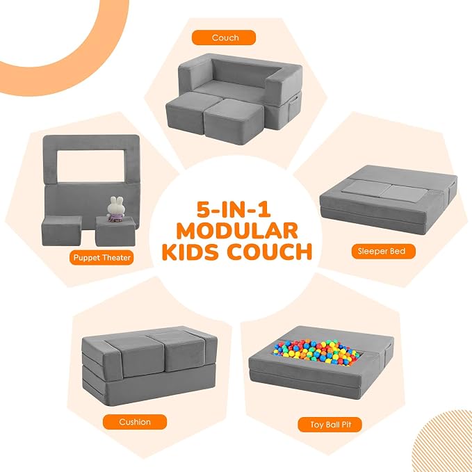 MeMoreCool Kids Play Couch Sofa – Grey Modular Convertible Foam Couch Soft - Image 4