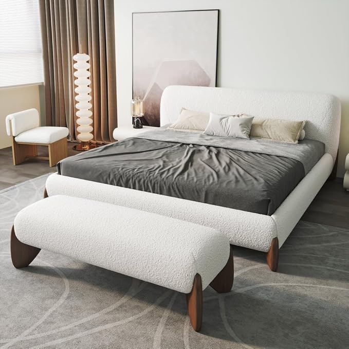homary Curva Modern White Boucle King Size Platform Bed Set & Bedroom Bench - Image 3