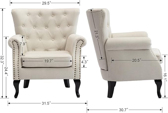 Set of 2 Mid-Century Modern Accent Chair, Linen Fabric Armchair w/Tufted - Image 3