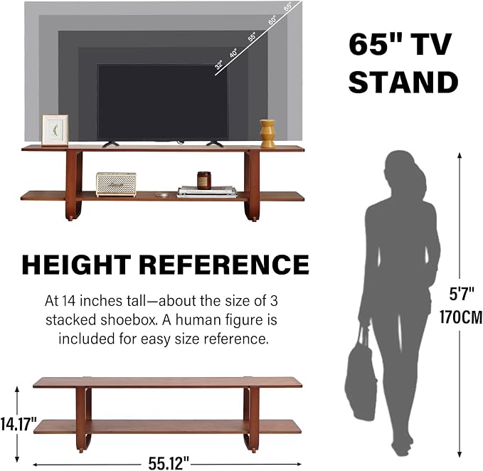 Welnow Low Bamboo TV Stand for Up to 65 Inch, Small Mid Century Modern - Image 5