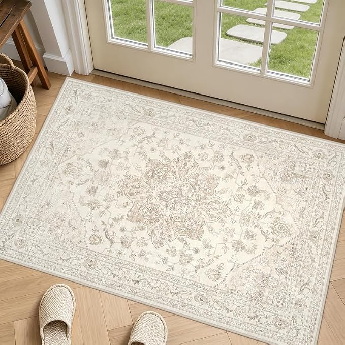 Washable Area Rugs 2x3: Living Room Bedroom Carpet Beige White | Vintage Boho by Luxturiy