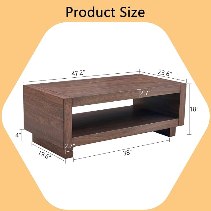 Walnut Mid-Century Coffee Table, 47.2" W×23.6" D×18" H，Rectangular MDF Storage - Image 2
