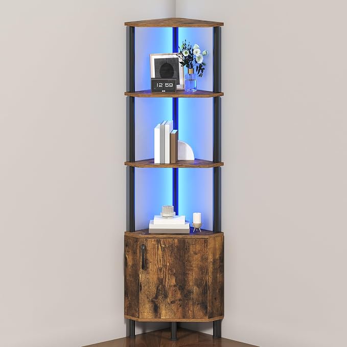 HOOBRO Corner Cabinet with LED Light, Corner Shelf Stand with Storage and Doors by HOOBRO