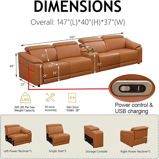 Power Recliner Sofa Set, Reclining Sectional Sofa Couch - Image 2