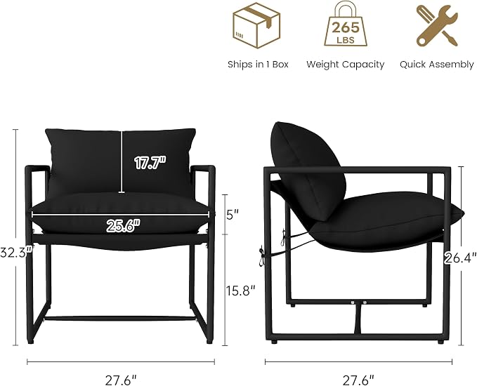 Kromax Sling Accent Chair, Cozy Living Room Chairs, Square Metal Frame - Image 2