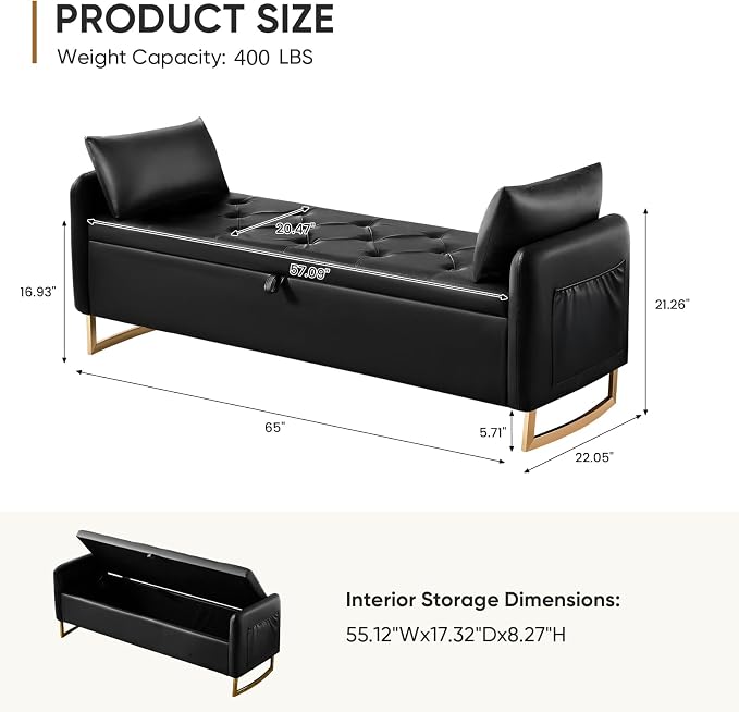 65" End of Bed Storage Bench, Modern Storage Benches - Image 2