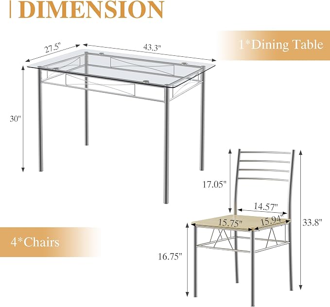 VECELO Dining Table Set for 4, 5-Piece Glass Kitchen Table - Image 6