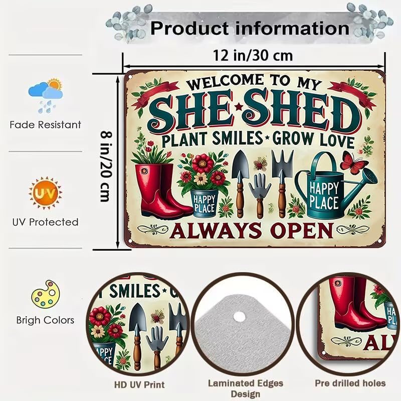 Bestylez Garden Gifts Welcome To My She Shed Vintage Gardening Signs for Home Garden Greenhouse Living Room Bedroom Yard Outdoor Decor 8X12 Inch (3372) - Image 2
