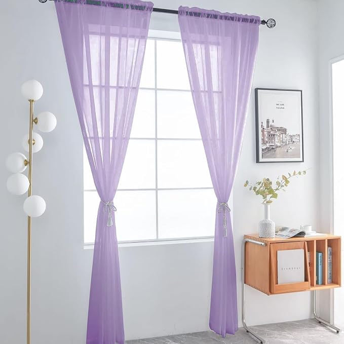 SpaceDresser Basic Rod Pocket Sheer Voile Window Curtain Panels Lavender 1 Pair - Image 2
