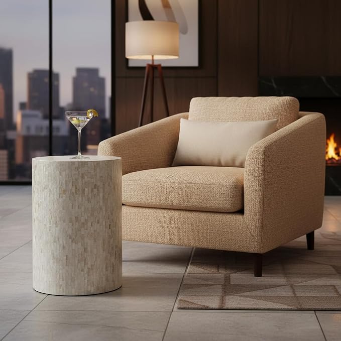 PEMAR Mother of Pearl Cylinder Drum End Table Nacre Side Stool Round Accent - Image 7