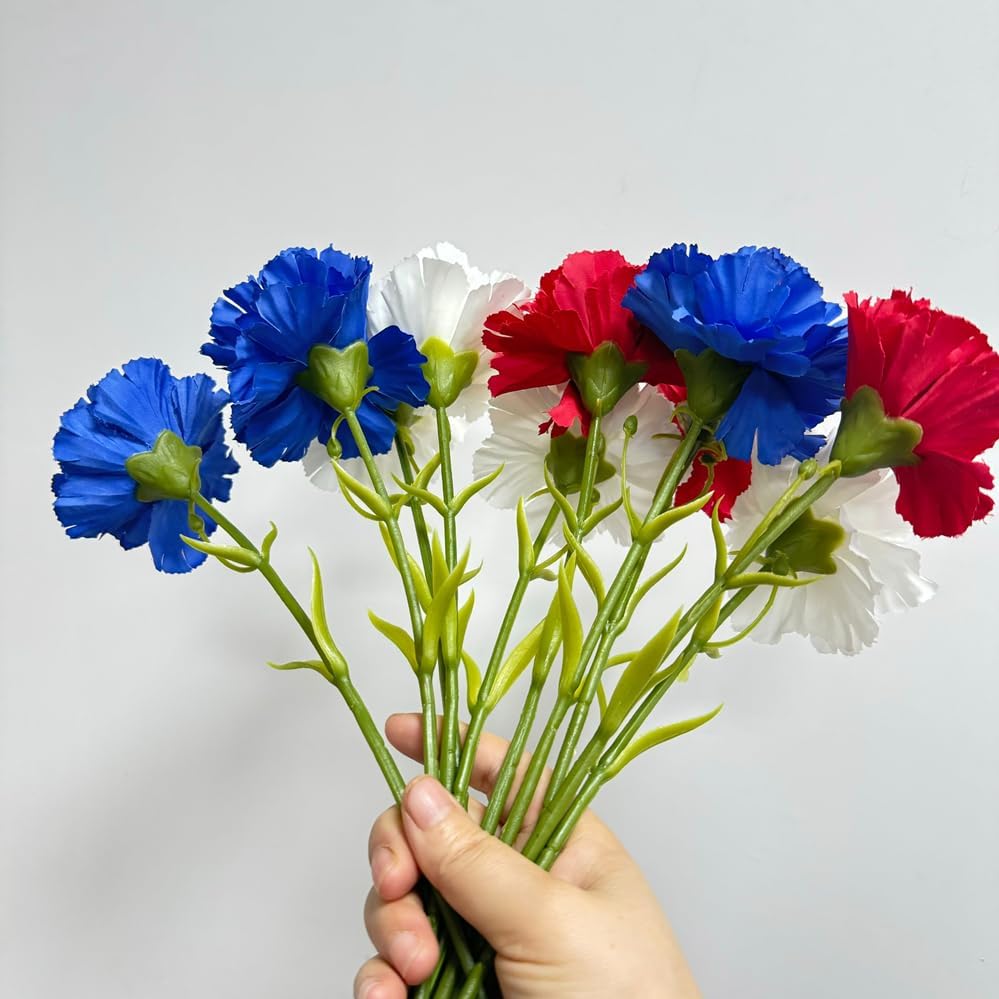 10 Stem Fake Carnation Flowers Stem,Realistic Silk Petals Red White Blue - Image 4