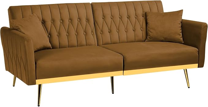70” Velvet Futon Sofa Bed with 2 Pillows and Adjustable Armrests, Convertible - Image 8