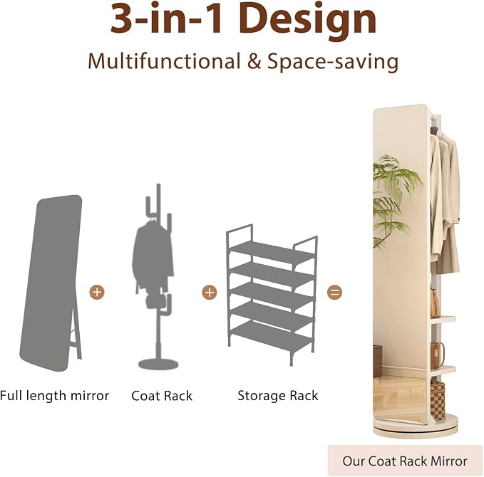 WoodsWhisper Full Length Mirror Coat Rack Solid Wood Floor Mirror 66"x12" Full - Image 6