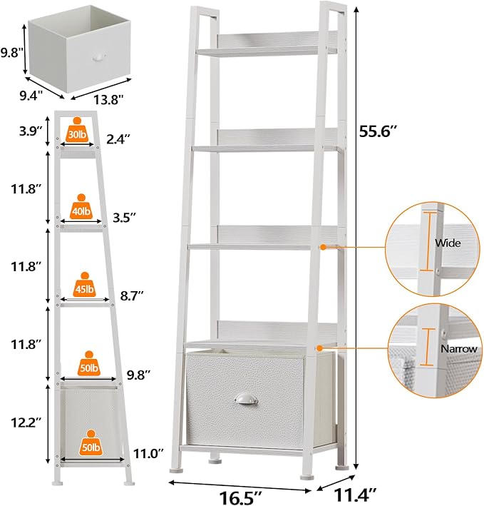 Furologee 5-Tier White Ladder Shelf, Ladder Bookshelf - Image 3