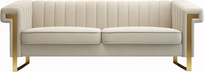 Mid-Century Modern Beige Velvet Sofa - Image 6