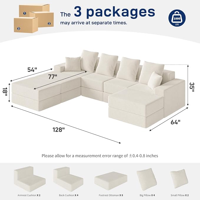 Living&Giving 128" U-Shaped Cloud Sectional Couch - Image 2