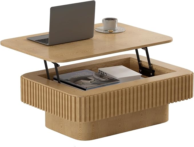 Lift Top Coffee Table for Living Room, Rectangle Handmade Solid Wood Strips by Unknown