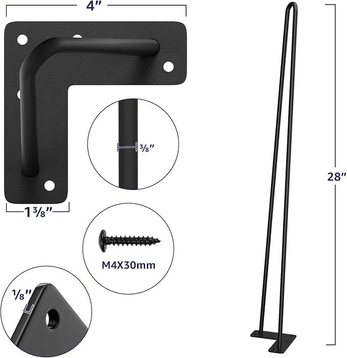 SMARTSTANDARD Hairpin Table Legs 28 Inch, 3/8" Solid Metal Legs - Image 3