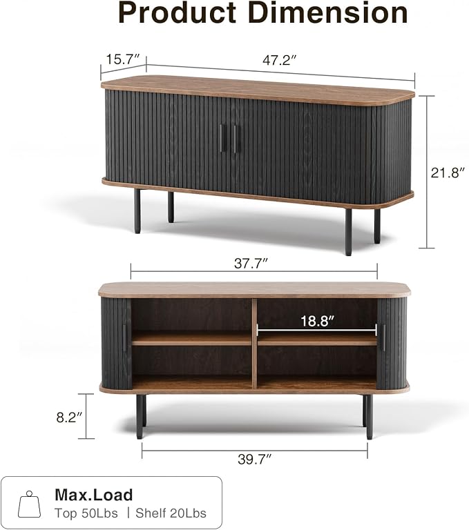 47''W Black Cabinet with Storage, Media Console, Tambour TV Stand, Television - Image 2