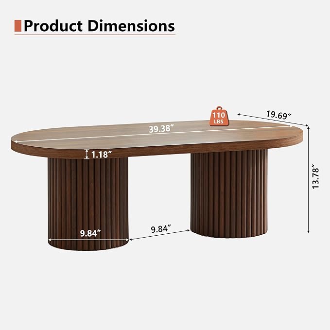 Oval Fluted Coffee Table, Farmhouse Wood Coffee Table Mid Century Modern Center - Image 2