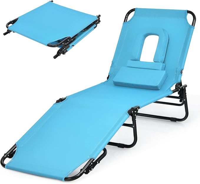 Folding Beach Lounge Chair w/ 5 Adjutable Backrest & Padded Pillow, Sunbathing by Unknown