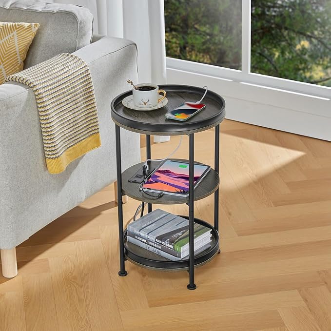 Dulcii Round Side Table with Charging Station, End Table with 3 Shelves - Image 2