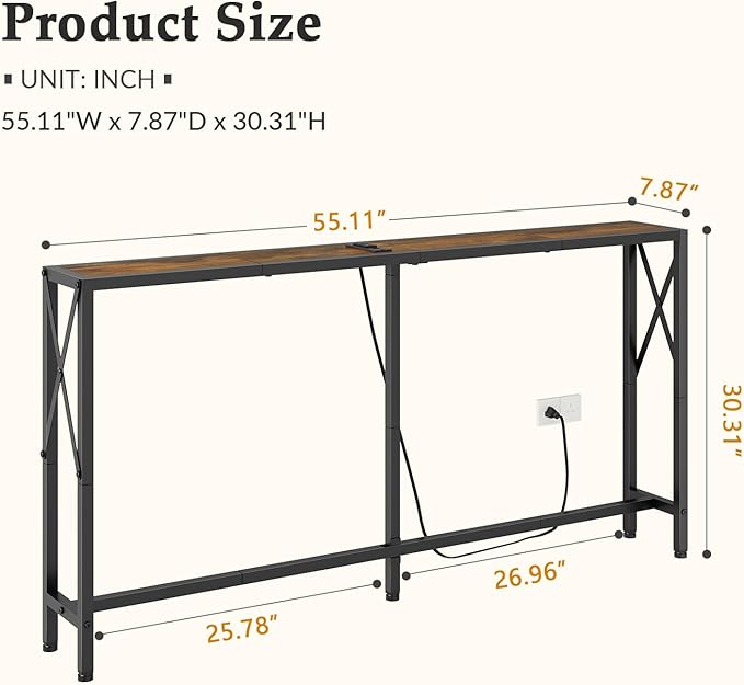 Gewudraw Console Table with Oulets and USB Ports, 55.1" Sofa Table Behind Couch - Image 3